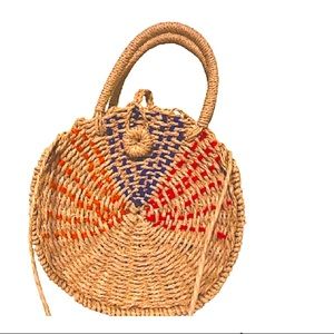 RAINBOW Boho Straw Button Closure Crossbody Woven Purse Bag 8.5 in Diameter